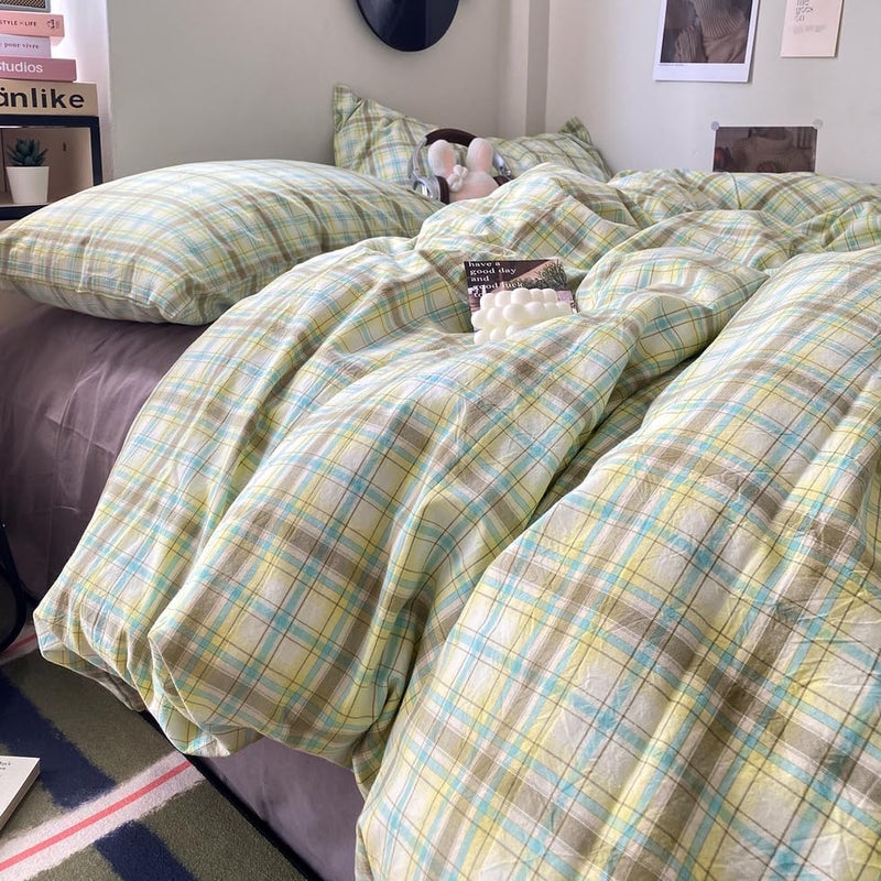 EAVD Multicolor Buffalo Plaid Duvet Cover King Soft 100% Washed Cotton Reversible Grid Checkered Plaid Bedding Set Vintage Gingham Duvet Cover with 2 Pillowcases Modern Checkered Bedding Set - Image 2