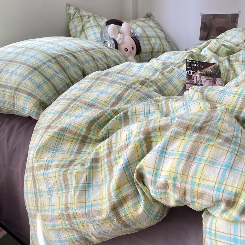 EAVD Multicolor Buffalo Plaid Duvet Cover King Soft 100% Washed Cotton Reversible Grid Checkered Plaid Bedding Set Vintage Gingham Duvet Cover with 2 Pillowcases Modern Checkered Bedding Set - Image 4