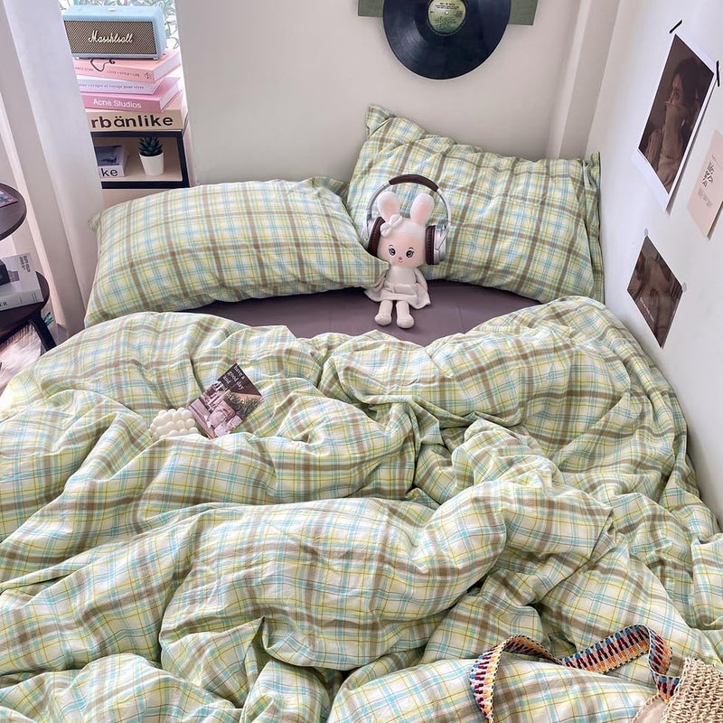 EAVD Multicolor Buffalo Plaid Duvet Cover King Soft 100% Washed Cotton Reversible Grid Checkered Plaid Bedding Set Vintage Gingham Duvet Cover with 2 Pillowcases Modern Checkered Bedding Set - Image 5