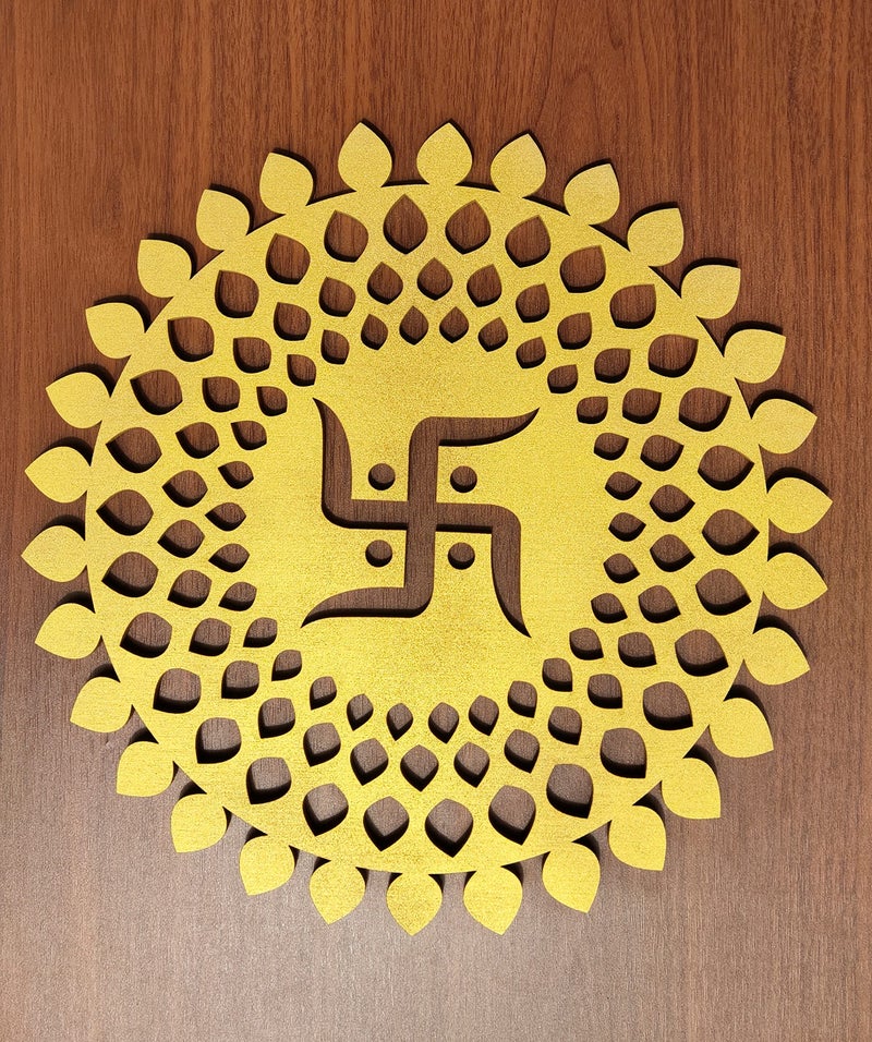 My Dream Carts Golden Round Decorative Wall Art Mdf Wooden Swastika Chakra For Temple, Living Room, Office, Hotel, Home Decor Items, Gift Item, Mandala Wall Hanging For House Decoration 15x15 CM - Image 3