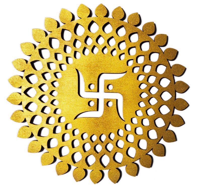 My Dream Carts Golden Round Decorative Wall Art Mdf Wooden Swastika Chakra For Temple, Living Room, Office, Hotel, Home Decor Items, Gift Item, Mandala Wall Hanging For House Decoration 15x15 CM - Image 2