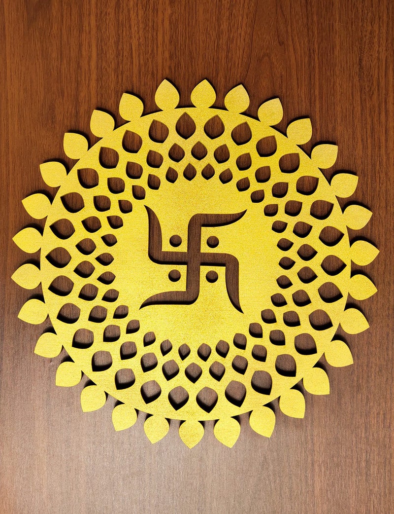 My Dream Carts Golden Round Decorative Wall Art Mdf Wooden Swastika Chakra For Temple, Living Room, Office, Hotel, Home Decor Items, Gift Item, Mandala Wall Hanging For House Decoration 15x15 CM - Image 1