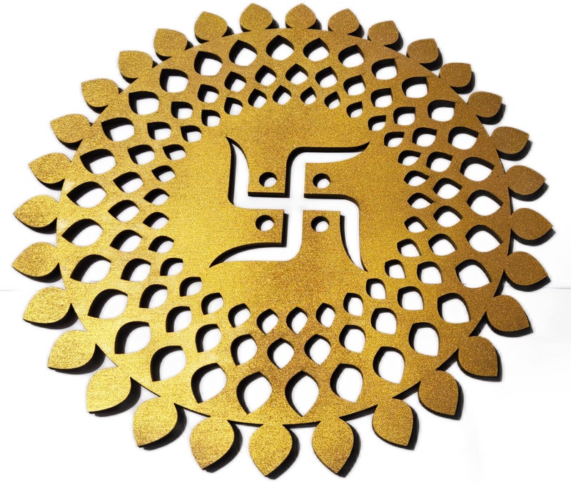My Dream Carts Golden Round Decorative Wall Art Mdf Wooden Swastika Chakra For Temple, Living Room, Office, Hotel, Home Decor Items, Gift Item, Mandala Wall Hanging For House Decoration 15x15 CM - Image 4
