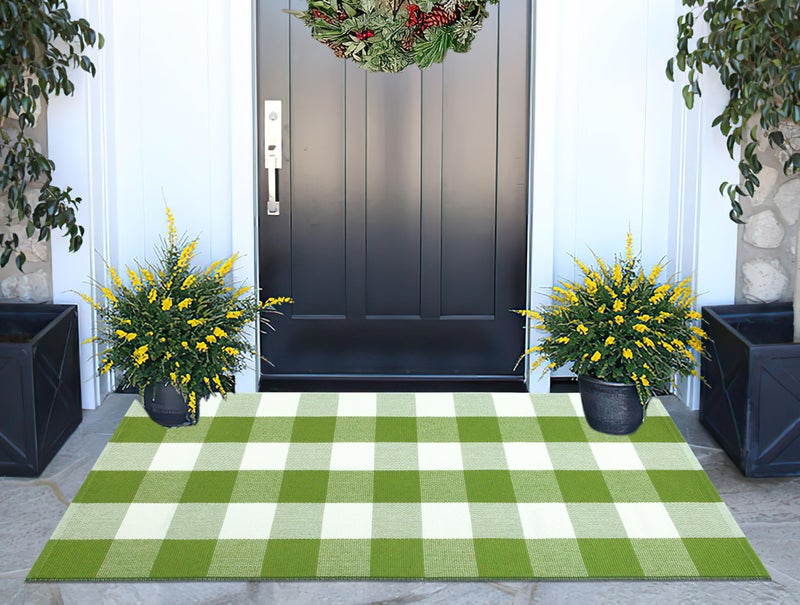 BUAGETUP Buffalo Plaid Outdoor Rug 24''x51''Green and White Checkered Front Porch Rug Cotton Woven Washable Door Mat Outdoor for Layered Hello Welcome Door Mat Farmhouse Entryway - Image 1