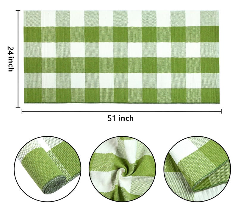 BUAGETUP Buffalo Plaid Outdoor Rug 24''x51''Green and White Checkered Front Porch Rug Cotton Woven Washable Door Mat Outdoor for Layered Hello Welcome Door Mat Farmhouse Entryway - Image 2