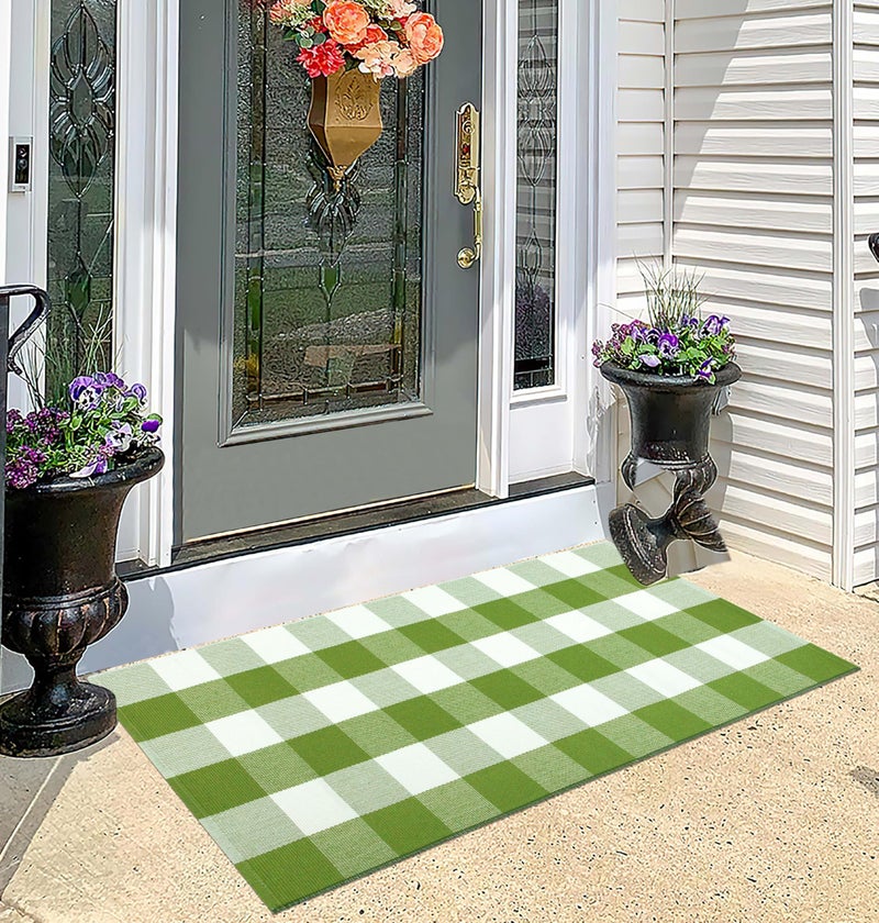 BUAGETUP Buffalo Plaid Outdoor Rug 24''x51''Green and White Checkered Front Porch Rug Cotton Woven Washable Door Mat Outdoor for Layered Hello Welcome Door Mat Farmhouse Entryway - Image 5