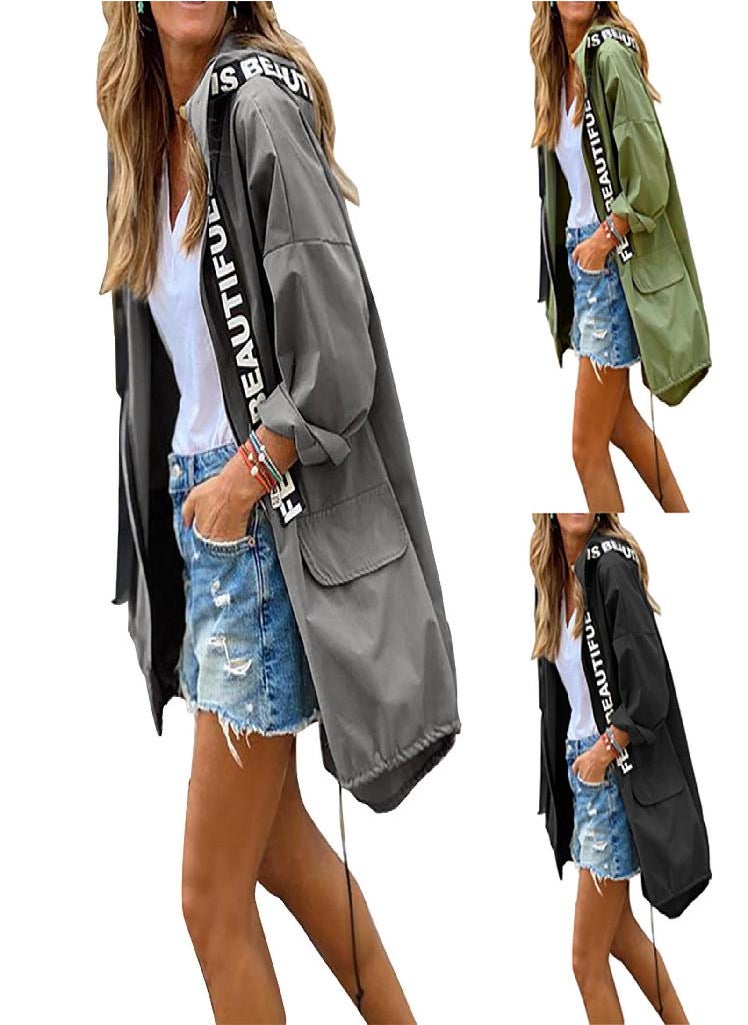 Eckek - Women's Solid Colour Loose Casual Temperament Hooded Mackintosh Cloth Windbreaker Jacket - Image 1