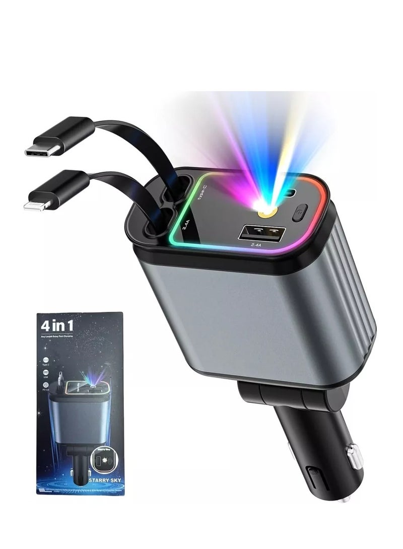 BlueFire 4-in-1 Retractable Fast Car Charger with Starry LED Light – 66W PD USB-C + Lightning + USB-A + USB-C Ports – Extendable Charging Cables for iPhone 16/15/14/13, Android Galaxy S25/S24/S23, iPad, MacBook, Pixel, Tablets – Multi-Port Car Phone Charger with Star Projector, Overcharge Protection, 12V/24V Compatible – Car Charger for Multiple Devices with Adjustable Plug, Cable Organizer & Romantic Interior LED Light Effect - Image 1