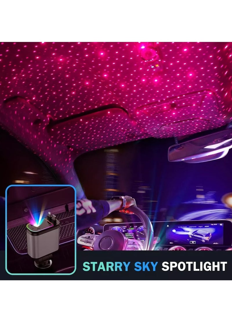 BlueFire 4-in-1 Retractable Fast Car Charger with Starry LED Light – 66W PD USB-C + Lightning + USB-A + USB-C Ports – Extendable Charging Cables for iPhone 16/15/14/13, Android Galaxy S25/S24/S23, iPad, MacBook, Pixel, Tablets – Multi-Port Car Phone Charger with Star Projector, Overcharge Protection, 12V/24V Compatible – Car Charger for Multiple Devices with Adjustable Plug, Cable Organizer & Romantic Interior LED Light Effect - Image 2