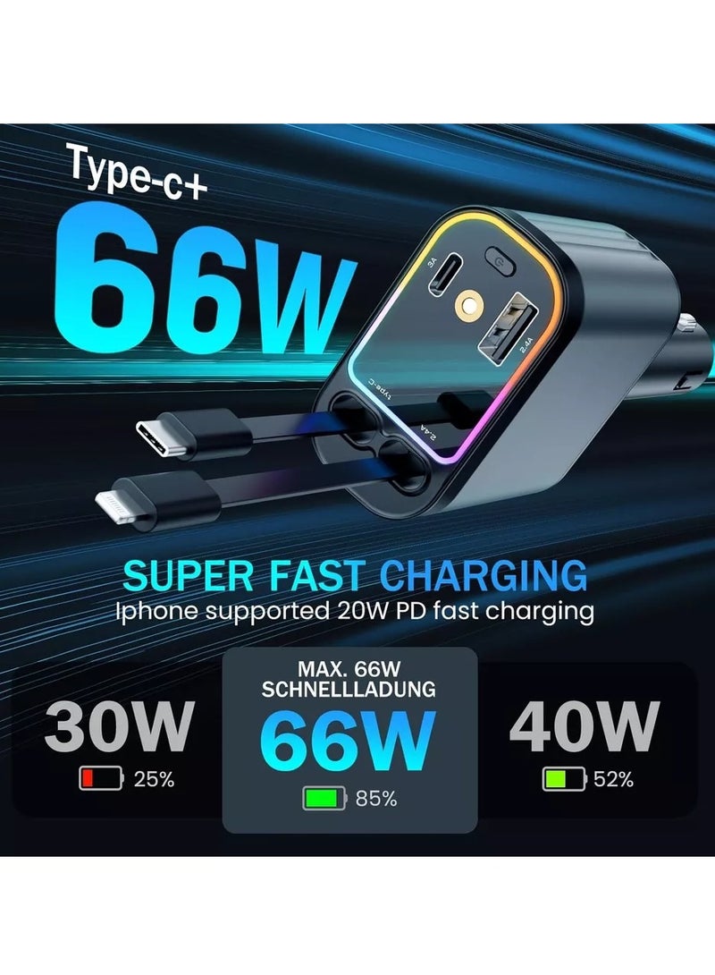 BlueFire 4-in-1 Retractable Fast Car Charger with Starry LED Light – 66W PD USB-C + Lightning + USB-A + USB-C Ports – Extendable Charging Cables for iPhone 16/15/14/13, Android Galaxy S25/S24/S23, iPad, MacBook, Pixel, Tablets – Multi-Port Car Phone Charger with Star Projector, Overcharge Protection, 12V/24V Compatible – Car Charger for Multiple Devices with Adjustable Plug, Cable Organizer & Romantic Interior LED Light Effect - Image 3