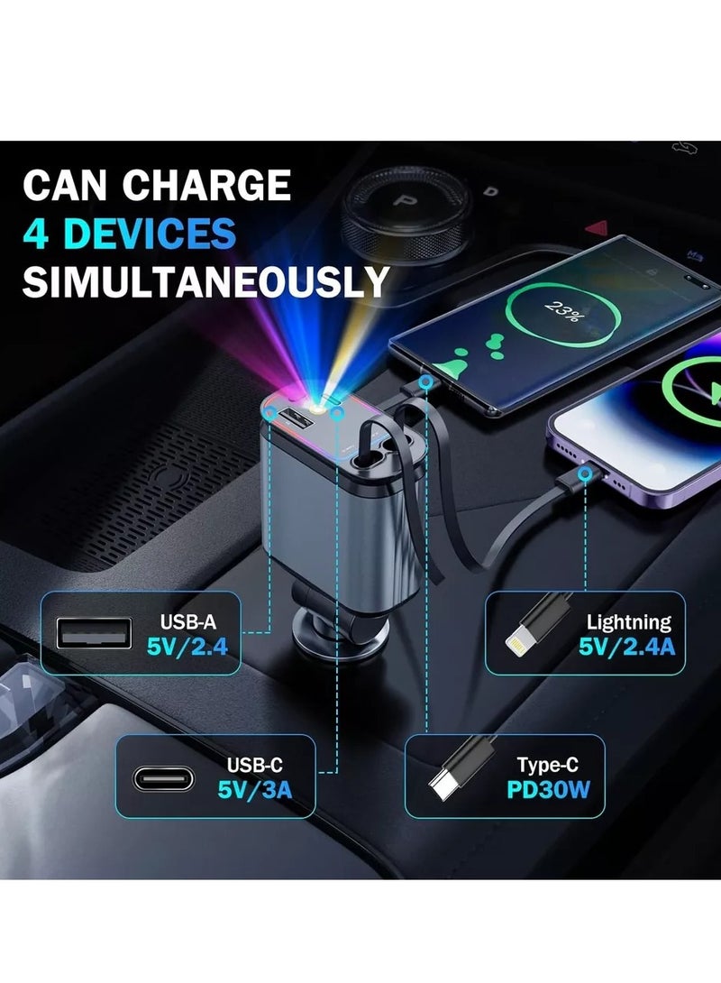 BlueFire 4-in-1 Retractable Fast Car Charger with Starry LED Light – 66W PD USB-C + Lightning + USB-A + USB-C Ports – Extendable Charging Cables for iPhone 16/15/14/13, Android Galaxy S25/S24/S23, iPad, MacBook, Pixel, Tablets – Multi-Port Car Phone Charger with Star Projector, Overcharge Protection, 12V/24V Compatible – Car Charger for Multiple Devices with Adjustable Plug, Cable Organizer & Romantic Interior LED Light Effect - Image 4