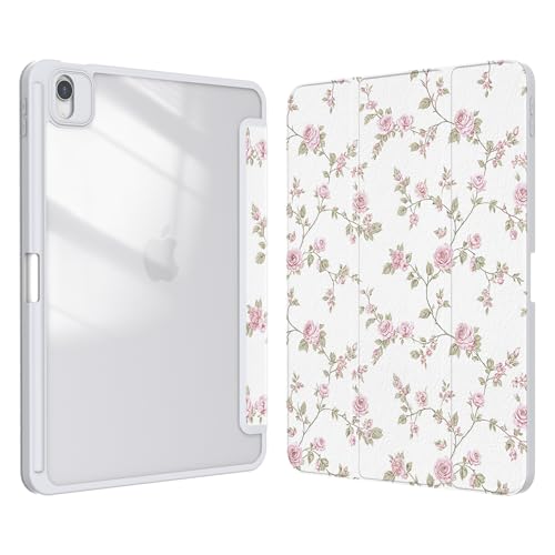 Xkladz Case for iPad Air 11 inch M4 (2026) / M3 (2025) / M2 (2024), iPad Air 5th / 4th Generation (2022/2020) 10.9 inch, Case with Pencil Holder, Clear Back Cover Pattern for Women Girls, Pink Flower - Image 1