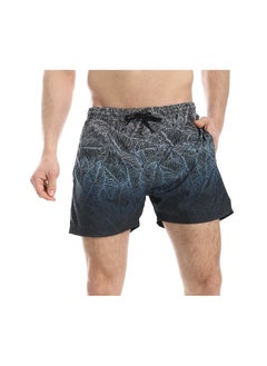Leaf Pattern Elastic Waist Swim Shorts - Black, White & Blue