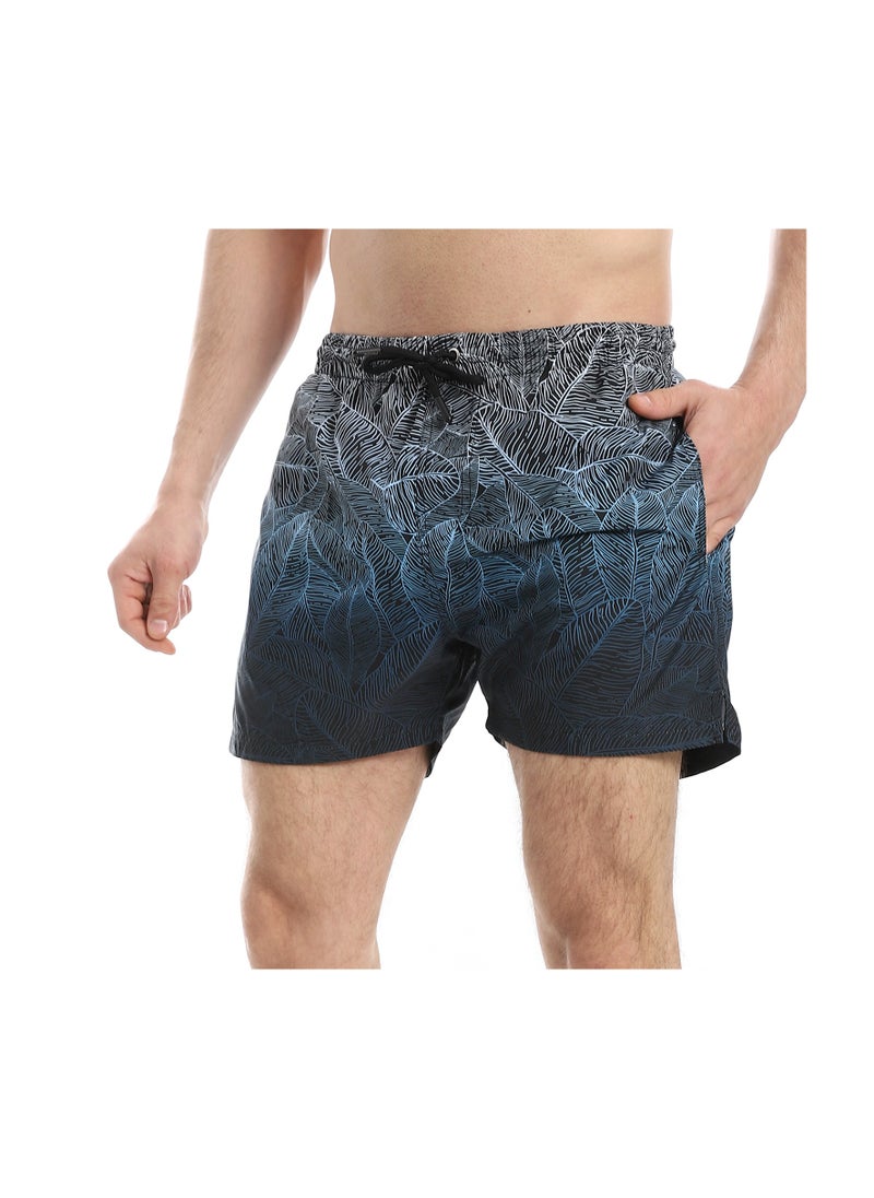 Pavone - Leaf Pattern Elastic Waist Swim Shorts - Black, White & Blue - Image 1