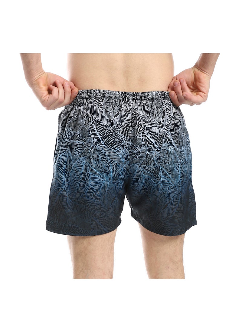 Pavone - Leaf Pattern Elastic Waist Swim Shorts - Black, White & Blue - Image 1