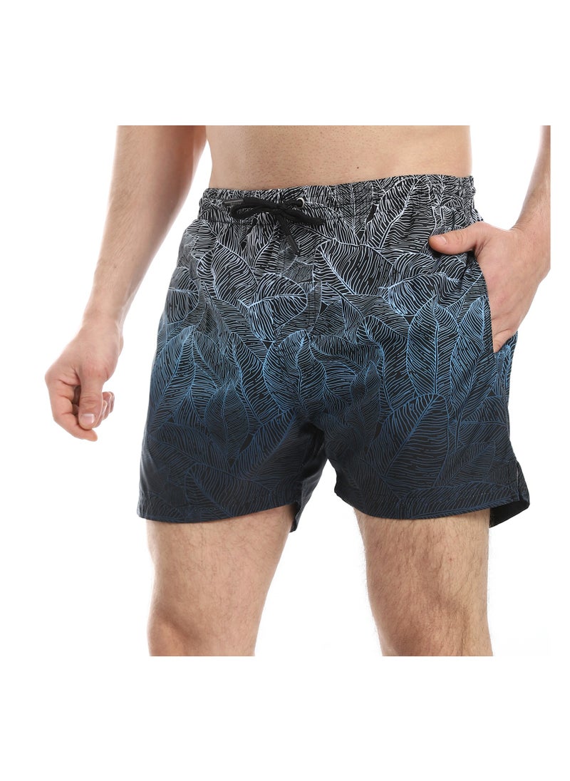 Pavone - Leaf Pattern Elastic Waist Swim Shorts - Black, White & Blue - Image 1