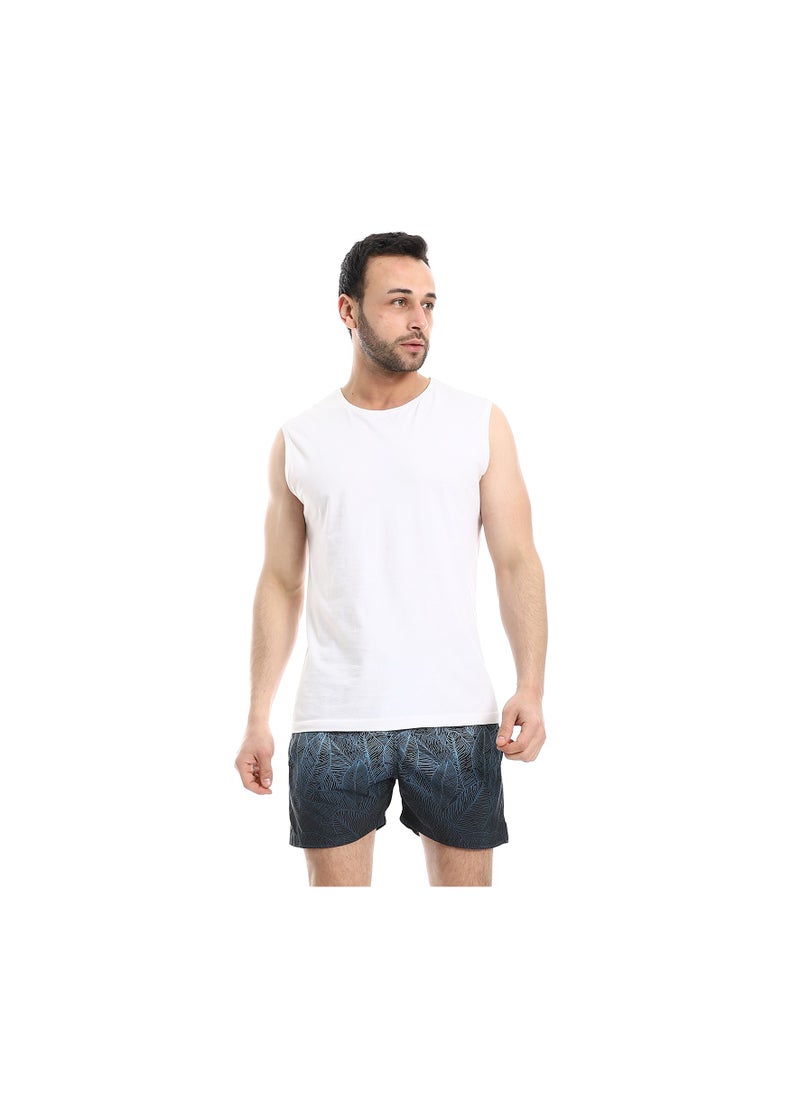 Pavone - Leaf Pattern Elastic Waist Swim Shorts - Black, White & Blue - Image 1