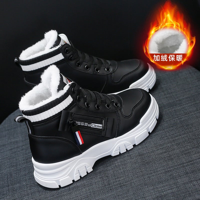 Fleece-Lined Cotton Shoes Womens 2023 Winter High-Top Boots Fashionable Warm Flats 3521 Black
