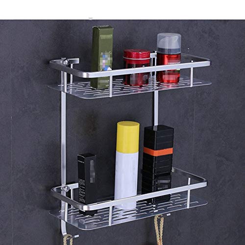 Tagve Adhesive Bathroom ShelvesAluminium 2 Tier Shower Shelf Caddy Storage Organizer Wall Mounted Shelf Basket Shower Caddy Rack with 2 Hanging Hooks Silver - Image 3