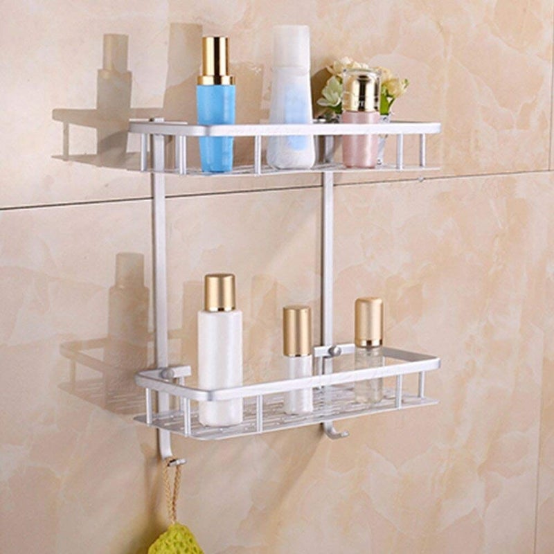 Tagve Adhesive Bathroom ShelvesAluminium 2 Tier Shower Shelf Caddy Storage Organizer Wall Mounted Shelf Basket Shower Caddy Rack with 2 Hanging Hooks Silver - Image 1