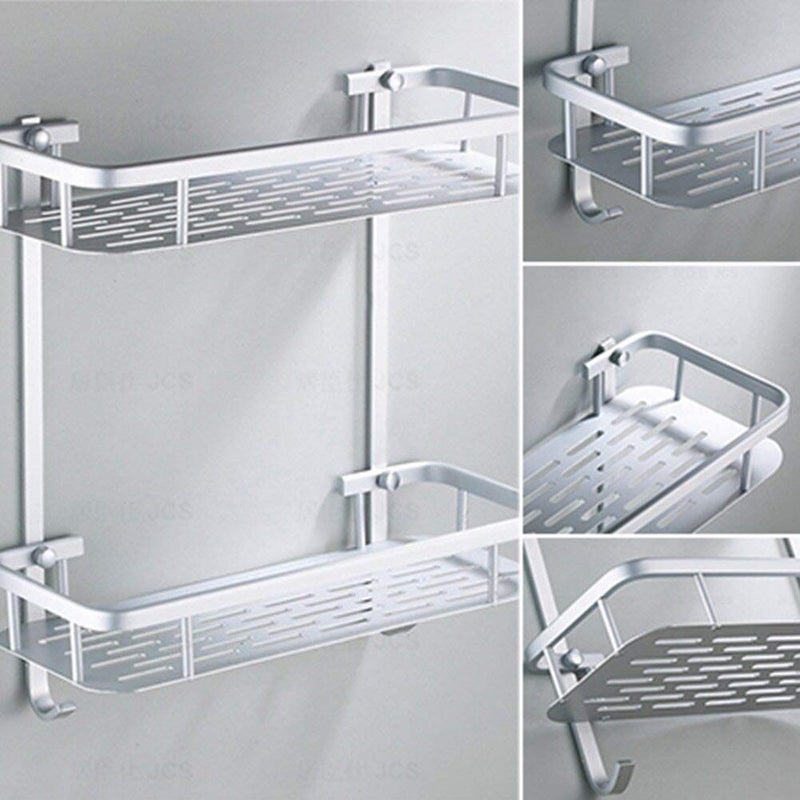Tagve Adhesive Bathroom ShelvesAluminium 2 Tier Shower Shelf Caddy Storage Organizer Wall Mounted Shelf Basket Shower Caddy Rack with 2 Hanging Hooks Silver - Image 4
