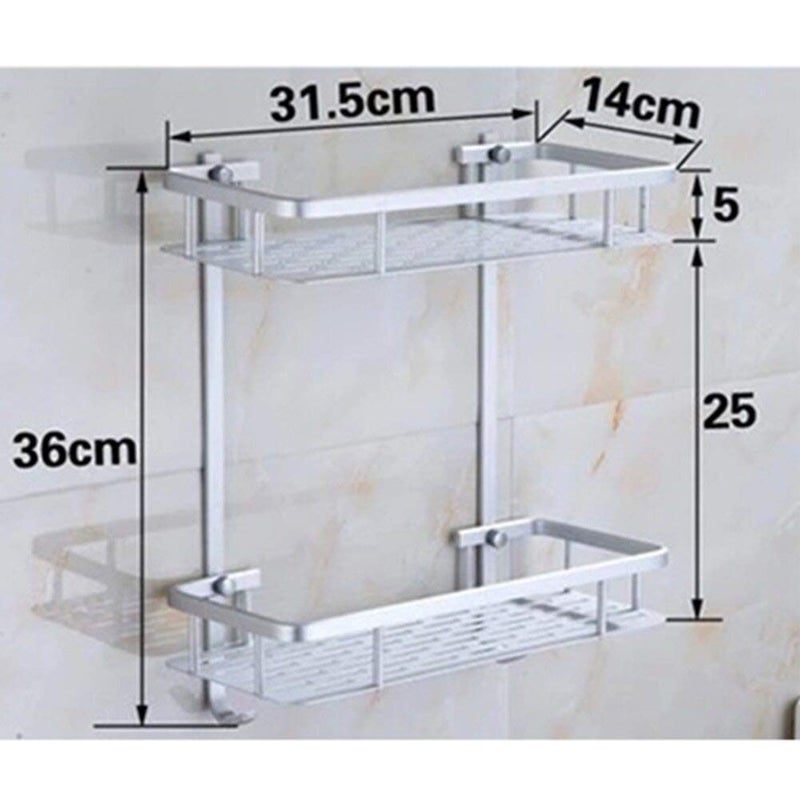 Tagve Adhesive Bathroom ShelvesAluminium 2 Tier Shower Shelf Caddy Storage Organizer Wall Mounted Shelf Basket Shower Caddy Rack with 2 Hanging Hooks Silver - Image 2