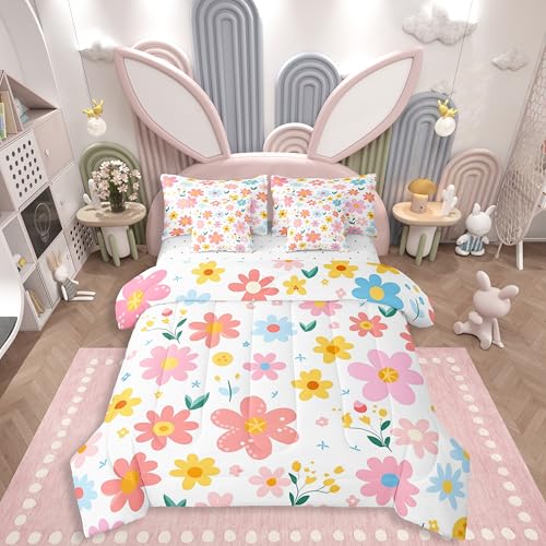 Feelyou Cute Flower 7 Piece Bedding Set Twin Size Kids Cartoon Cute Floral Bed in a Bag for Kids Girls Teens Toddler Yellow Pink Comforter Set with Sheets Kawaii Bed Set - Image 1