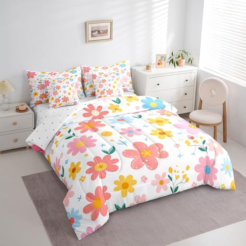 Feelyou Cute Flower 7 Piece Bedding Set Twin Size Kids Cartoon Cute Floral Bed in a Bag for Kids Girls Teens Toddler Yellow Pink Comforter Set with Sheets Kawaii Bed Set - Image 3