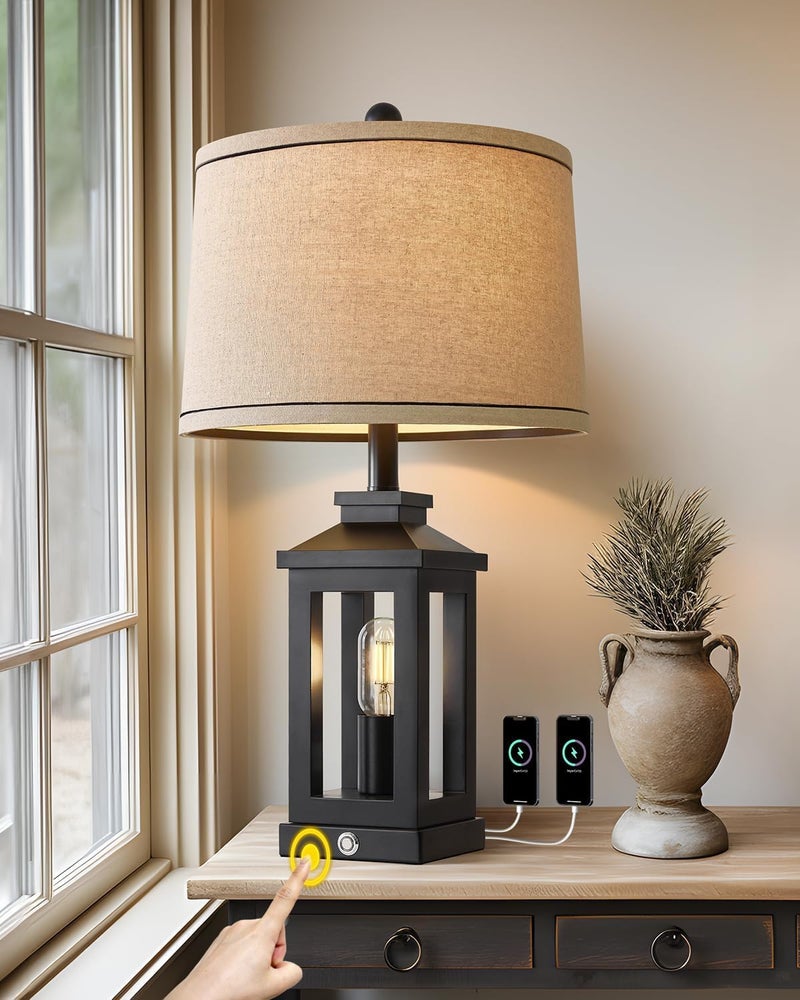 G-SAFAVA 23.75" Retro Farmhouse Black Table Lamp for Living Room Bedroom Nightstand Single Pack Touch Control Bedside Nightlight Vintage Modern Lamp with USB C+A Ports and 2 Light Sources - Image 2