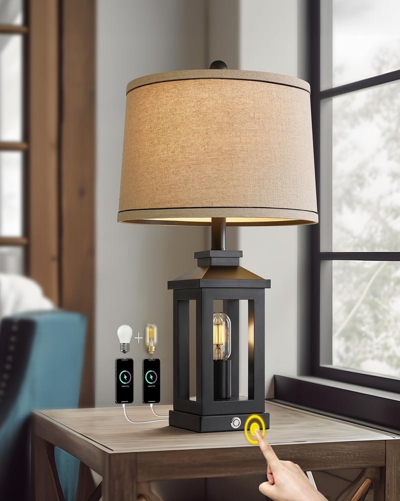 G-SAFAVA 23.75" Retro Farmhouse Black Table Lamp for Living Room Bedroom Nightstand Single Pack Touch Control Bedside Nightlight Vintage Modern Lamp with USB C+A Ports and 2 Light Sources - Image 1