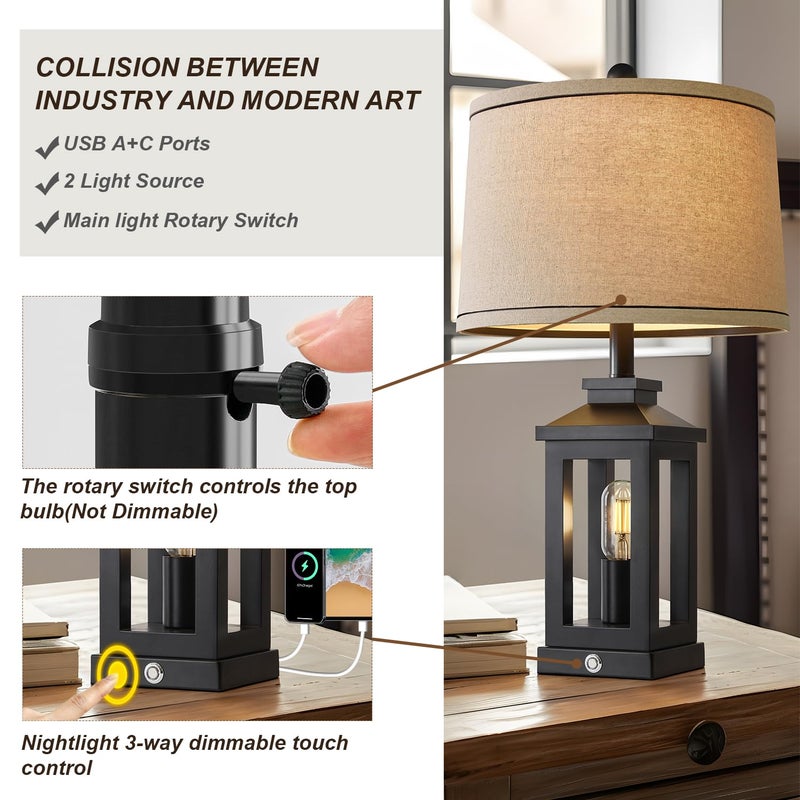 G-SAFAVA 23.75" Retro Farmhouse Black Table Lamp for Living Room Bedroom Nightstand Single Pack Touch Control Bedside Nightlight Vintage Modern Lamp with USB C+A Ports and 2 Light Sources - Image 5