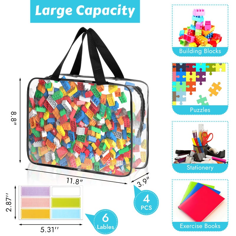 MOWPOG 4 Pack Toy Storage Bags, Clear PVC Toy Organizer with Zipper, Large Black Waterproof Reusable Toy Bags with Labels for Puzzles, Building Blocks, Board Game, Stationery, Kids Books - Image 2