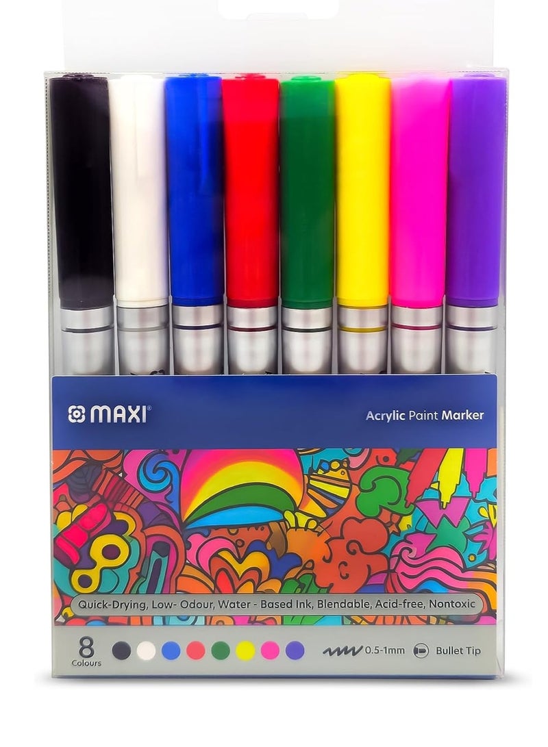 Maxi Maxi Acrylic Paint Markers 8 Assorted Colors (0.5-1mm) – Non-Toxic, Odorless, Ideal for Painting on Glass, Canvas, Wood, Plastic, Fabric, Metal, Leather, Ceramic.  - Image 1