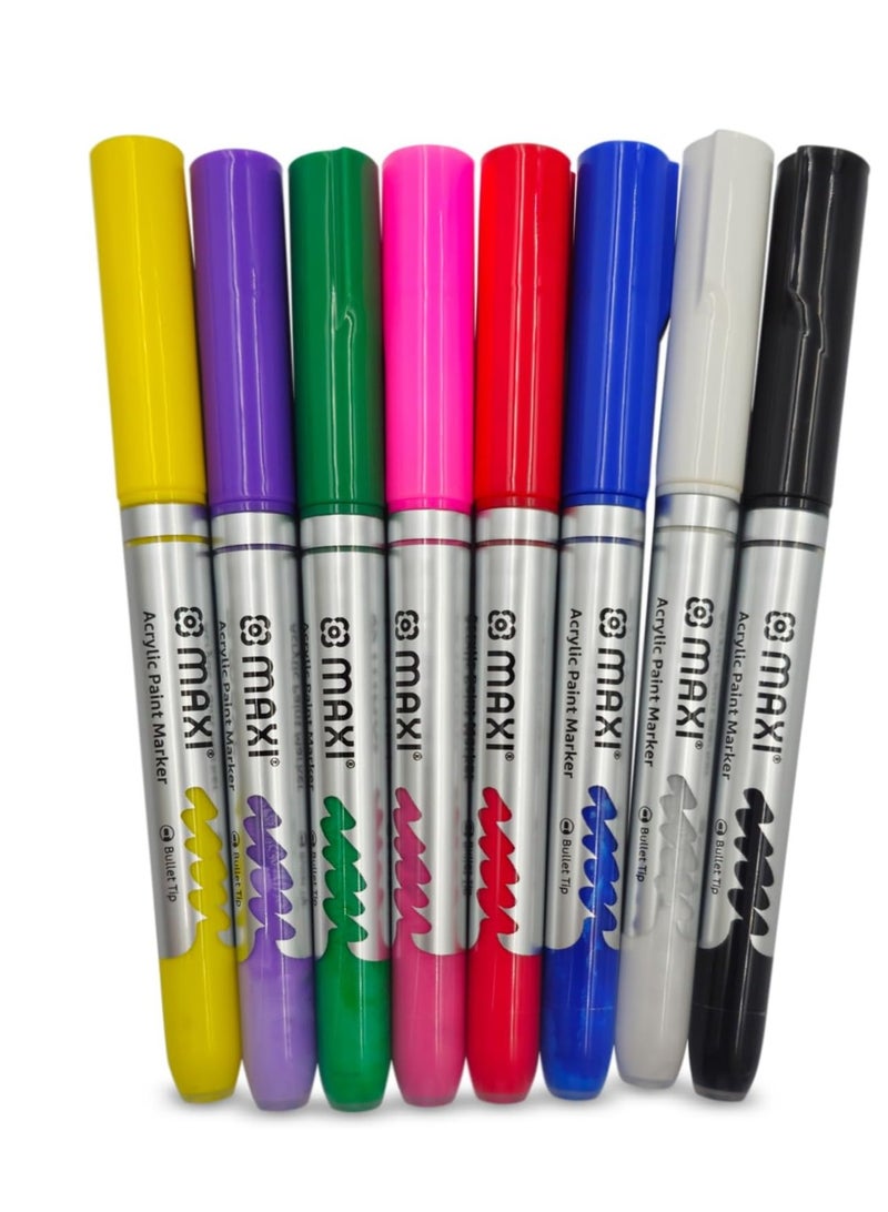 Maxi Maxi Acrylic Paint Markers 8 Assorted Colors (0.5-1mm) – Non-Toxic, Odorless, Ideal for Painting on Glass, Canvas, Wood, Plastic, Fabric, Metal, Leather, Ceramic.  - Image 3