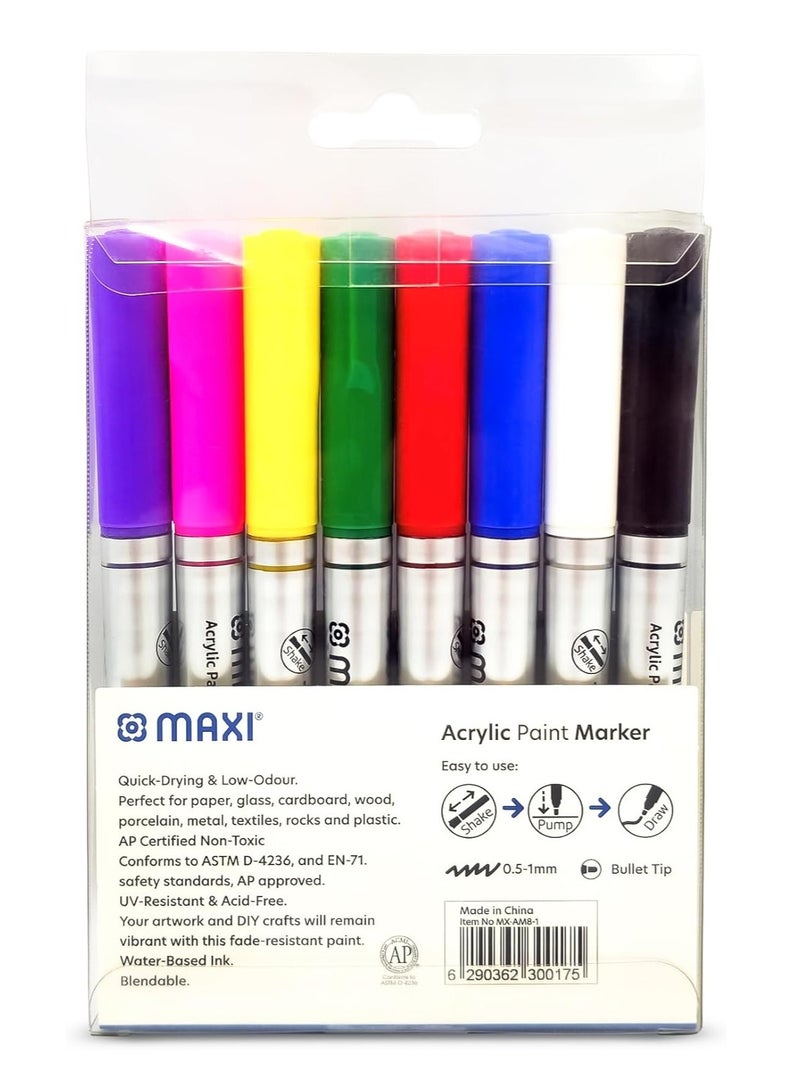 Maxi Maxi Acrylic Paint Markers 8 Assorted Colors (0.5-1mm) – Non-Toxic, Odorless, Ideal for Painting on Glass, Canvas, Wood, Plastic, Fabric, Metal, Leather, Ceramic.  - Image 5