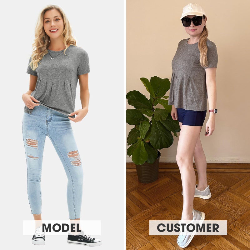 EXLURA Womens Summer Cute Crop Tops Short Sleeve Pleated Tshirts Crewneck Business Trendy Blouse Beach Vacation Outfits 2026 Grey - Image 3