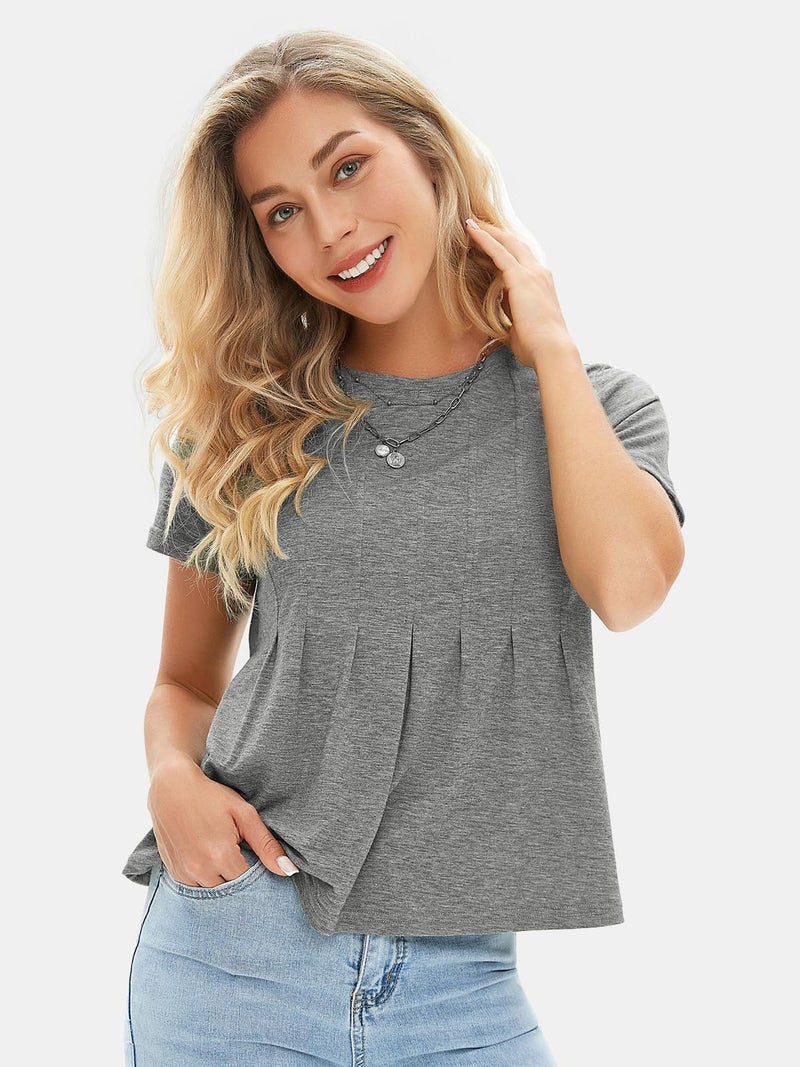 EXLURA Womens Summer Cute Crop Tops Short Sleeve Pleated Tshirts Crewneck Business Trendy Blouse Beach Vacation Outfits 2026 Grey - Image 2