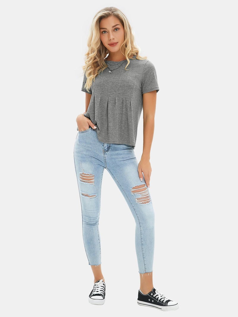 EXLURA Womens Summer Cute Crop Tops Short Sleeve Pleated Tshirts Crewneck Business Trendy Blouse Beach Vacation Outfits 2026 Grey - Image 4
