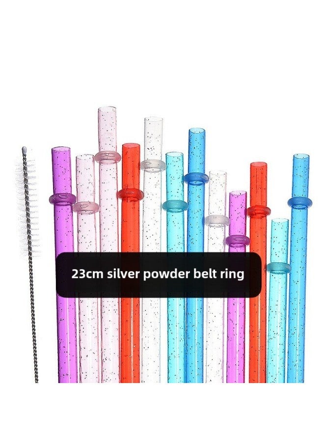 Spot Cross-border Thick Hard Straw Silver Powder Color With Ring Straw Reusable Double Cup Straw With Brush-Color:Color 12 1 Brush-Specifications:Silver Powder Belt Ring 23cm  - Image 2