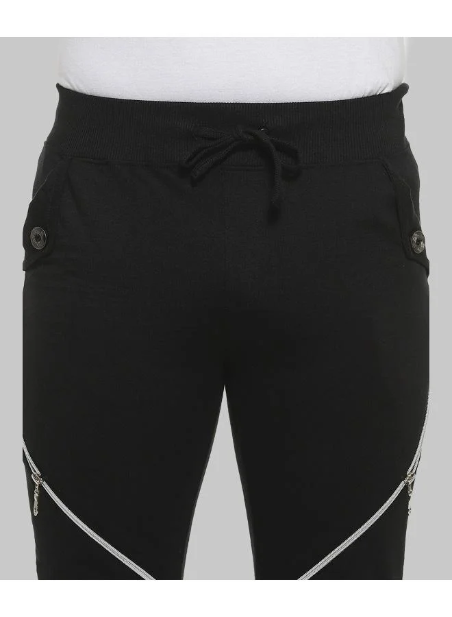 Campus Sutra Men's Solid Black Trackpants With Contrast Zipper Details