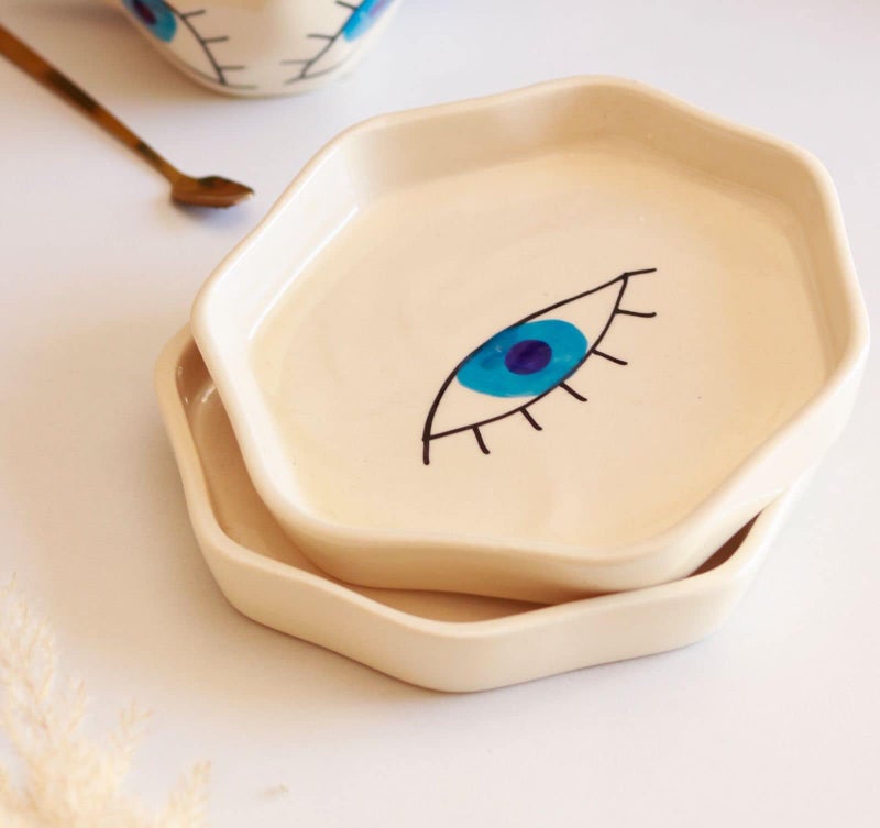 Craftribal Ceramic Hand Painted Evil Eye Trinket Tray/Jewellery Dish, 6.5 inches Diameter (White) (Evil Eye) - Image 2