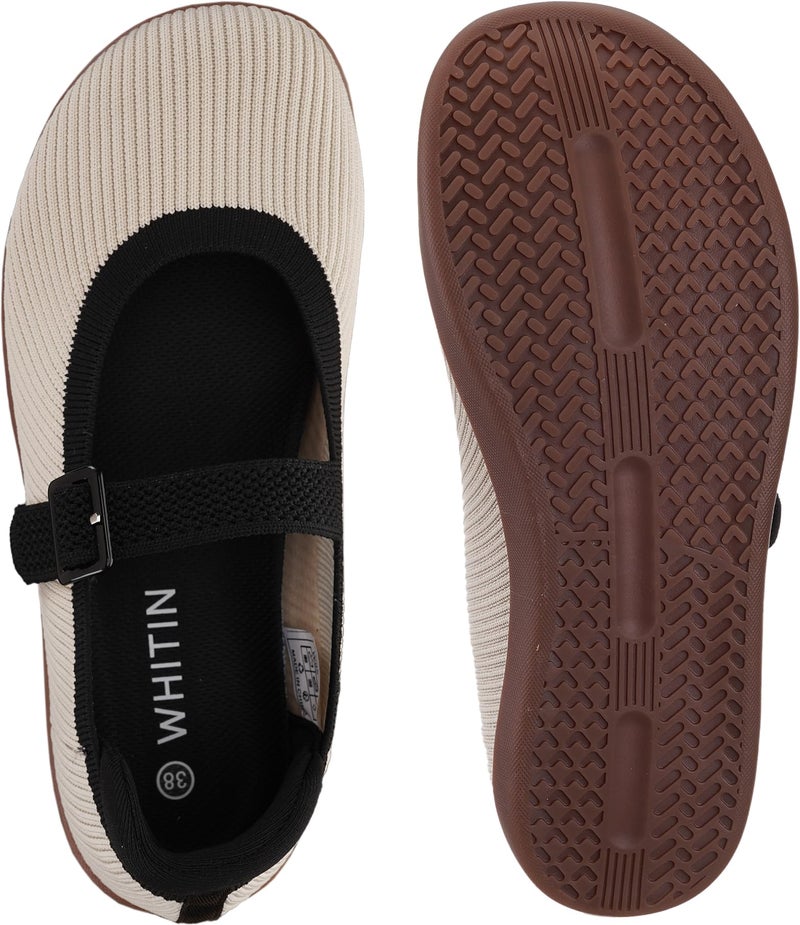 WHITIN Womens Barefoot Mary Jane Shoes Wide Toe Box Ballet Flats Sneakers Zero Drop Sole Minimalist Size 6.5 Knit Width Walking Mesh Fashion Washable Casual Dress Beige 37 - Image 4