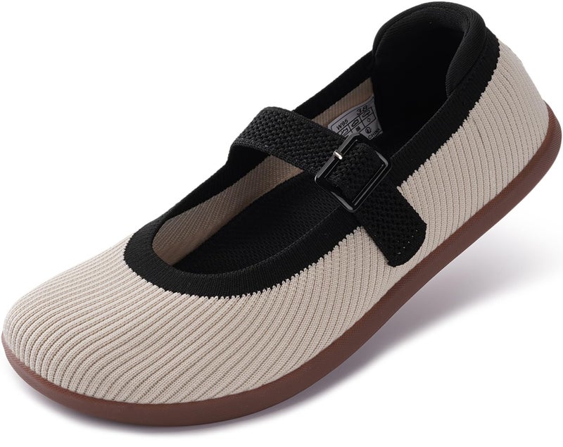WHITIN Womens Barefoot Mary Jane Shoes Wide Toe Box Ballet Flats Sneakers Zero Drop Sole Minimalist Size 6.5 Knit Width Walking Mesh Fashion Washable Casual Dress Beige 37 - Image 1
