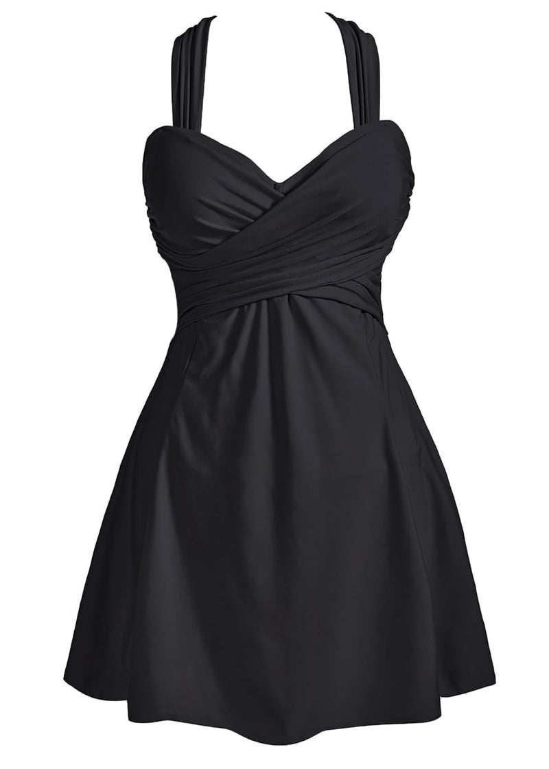 COCOPEAR Women's Elegant Crossover One Piece Swimdress Floral Skirted Swimsuit Black 2XL/14-16 - Image 1