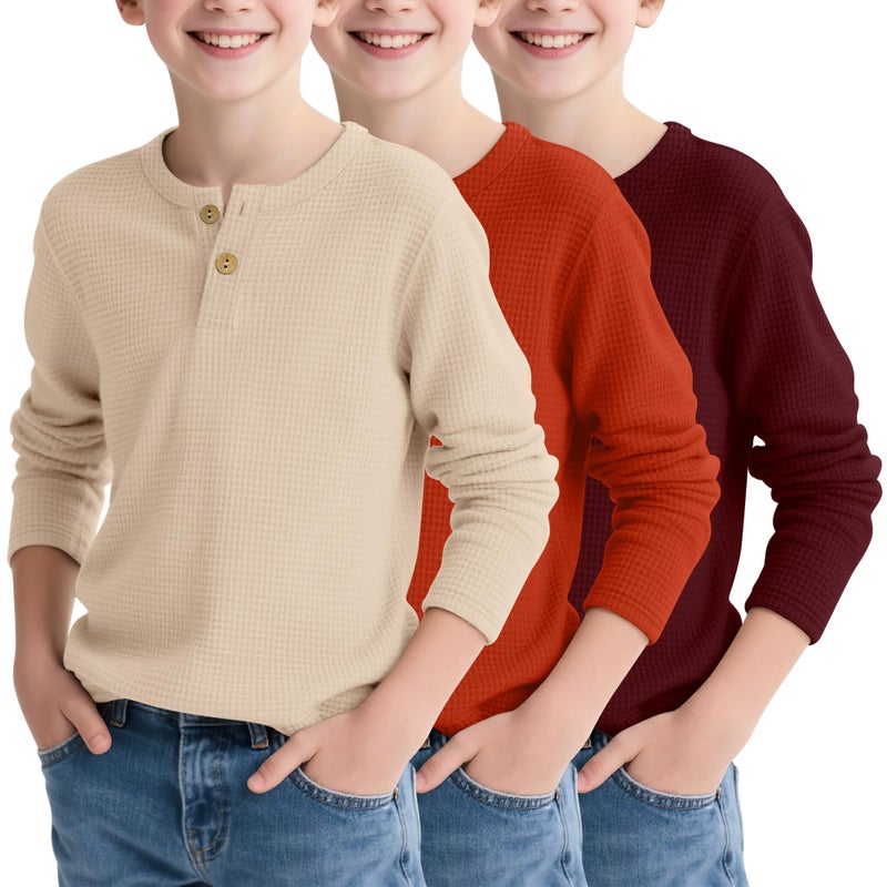 LessonZoo 3 Pack Boy's Henley Long Sleeve Shirts Waffle Thermal Tops 5-14 Years Cotton Blend Knit Sweatshirt for School(Khaki, Pumpkin, Wine Red,9-10 Years) - Image 1