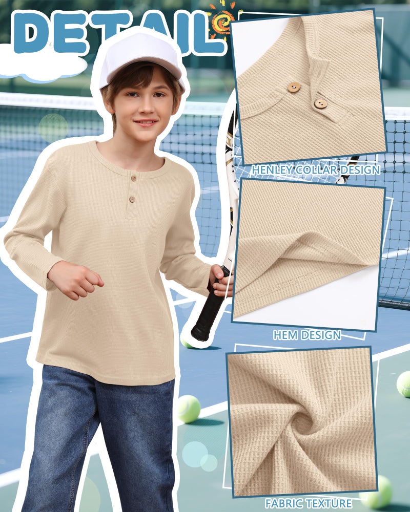 LessonZoo 3 Pack Boy's Henley Long Sleeve Shirts Waffle Thermal Tops 5-14 Years Cotton Blend Knit Sweatshirt for School(Khaki, Pumpkin, Wine Red,9-10 Years) - Image 5