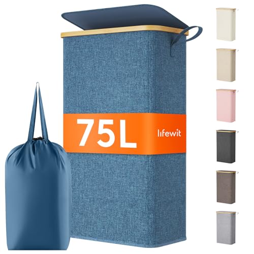 Lifewit 75L Slim Laundry Hamper with Lid Narrow Laundry Basket with Removable Bag Bamboo Handles Fodable Thin Dirty Clothes Hamper for Laundry Collapsible Bin for Bathroom Bedroom Dorm Dark Blue - Image 1