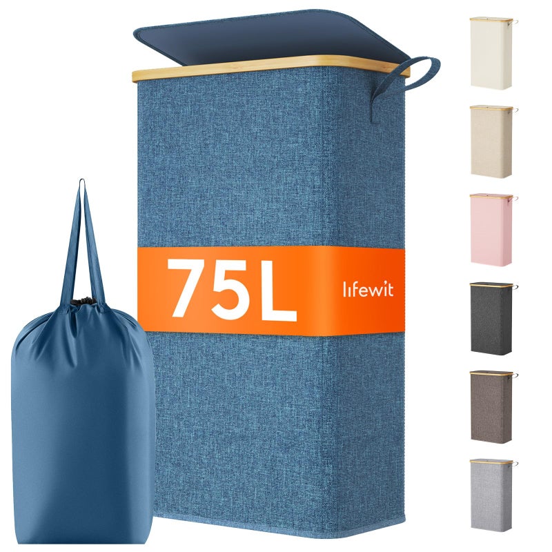 Lifewit 75L Slim Laundry Hamper with Lid Narrow Laundry Basket with Removable Bag Bamboo Handles Fodable Thin Dirty Clothes Hamper for Laundry Collapsible Bin for Bathroom Bedroom Dorm Dark Blue - Image 2