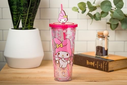 Silver Buffalo Sanrio My Melody Pink Strawberry Pattern Plastic Cold Cup with Lid and Topper Straw 24 Ounces - Image 4