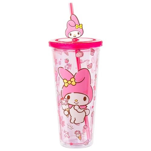 Silver Buffalo Sanrio My Melody Pink Strawberry Pattern Plastic Cold Cup with Lid and Topper Straw 24 Ounces - Image 5